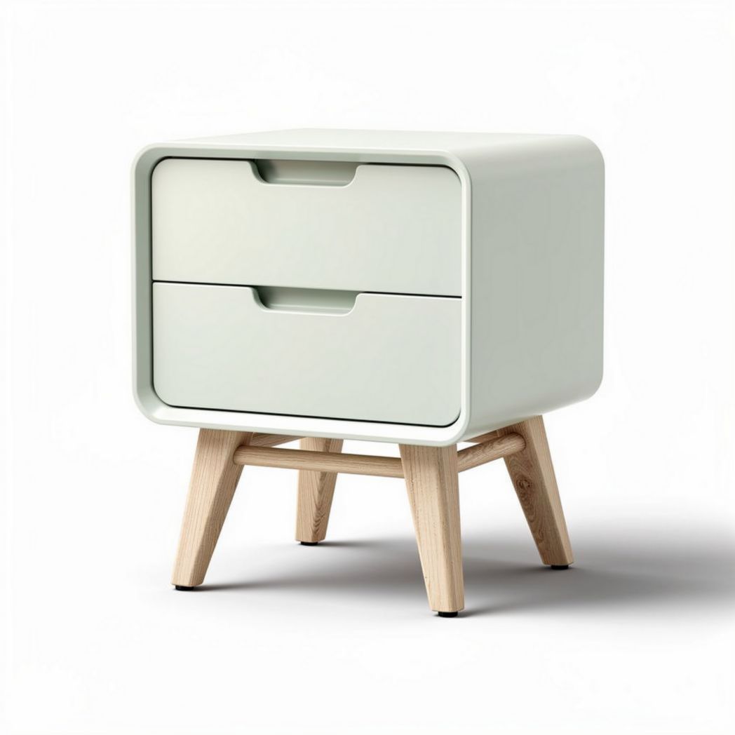 Modern nightstand with single drawer and wood legs in white and brown 40 x 40 x 50cm