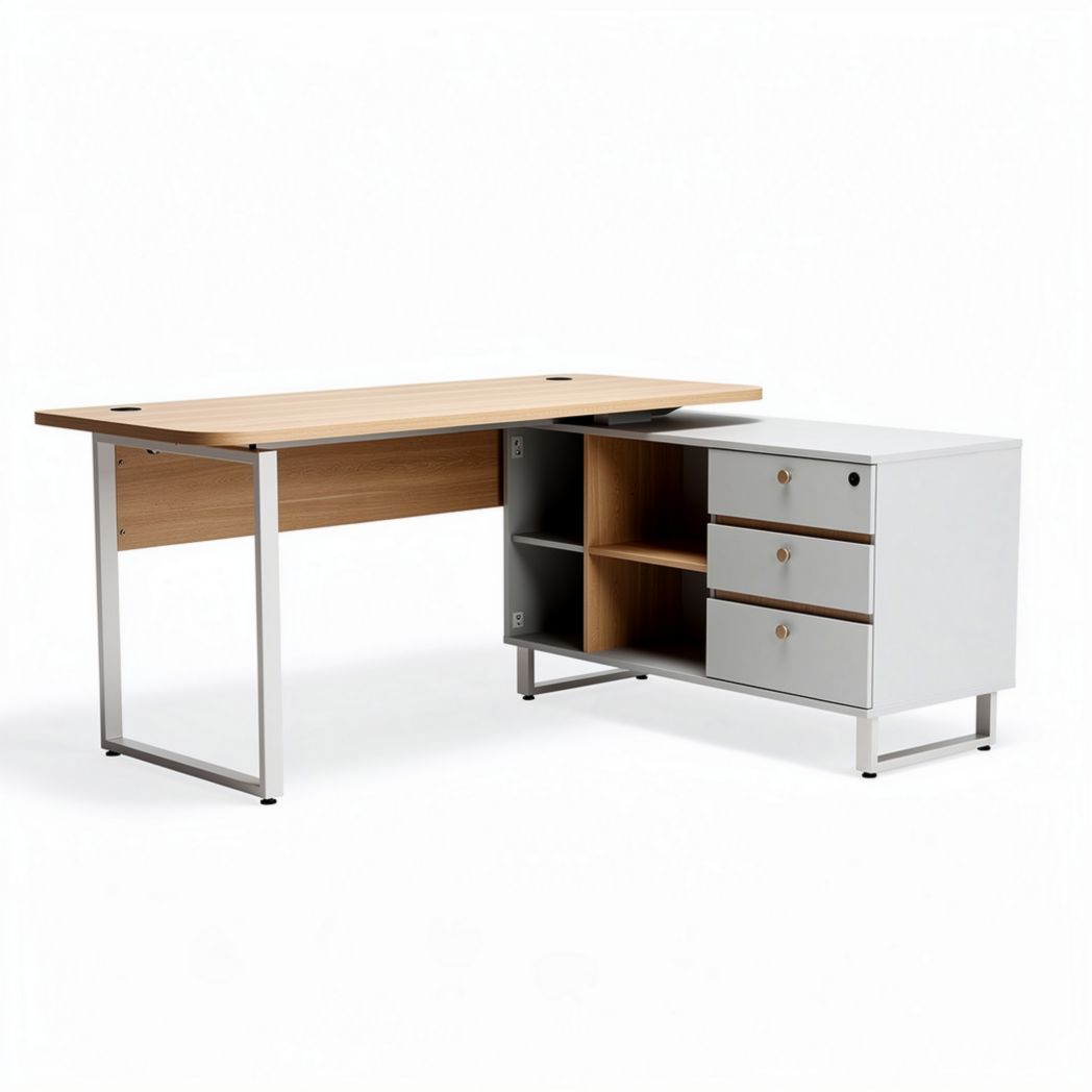 Office desk with white storage unit and wood top 150 x 75 x 75cm