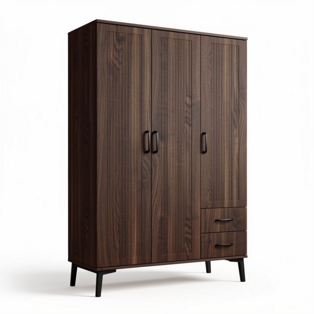 Three-door wardrobe with drawers in dark wood finish 180 x 90 x 50cm