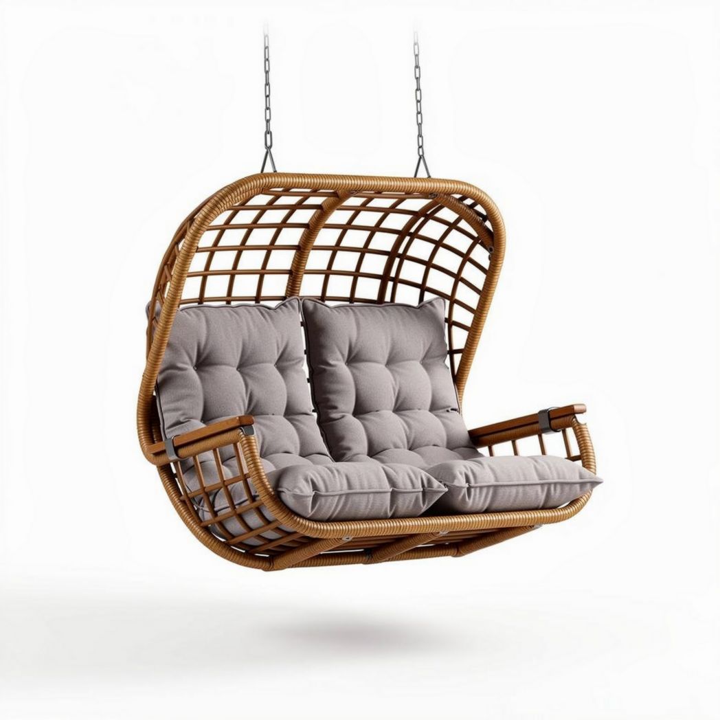 Hanging wicker swing chair with gray cushions and sturdy metal frame