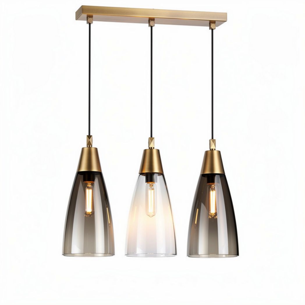 Three bulb pendant light with colored glass shades and metal accents 40 x 15 x 15cm
