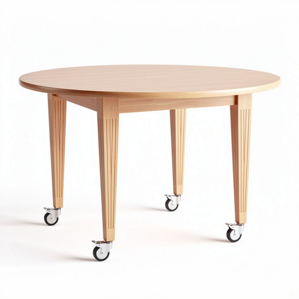 Round wooden table with casters approximately 120 x 120 x 75cm for dining or workspace