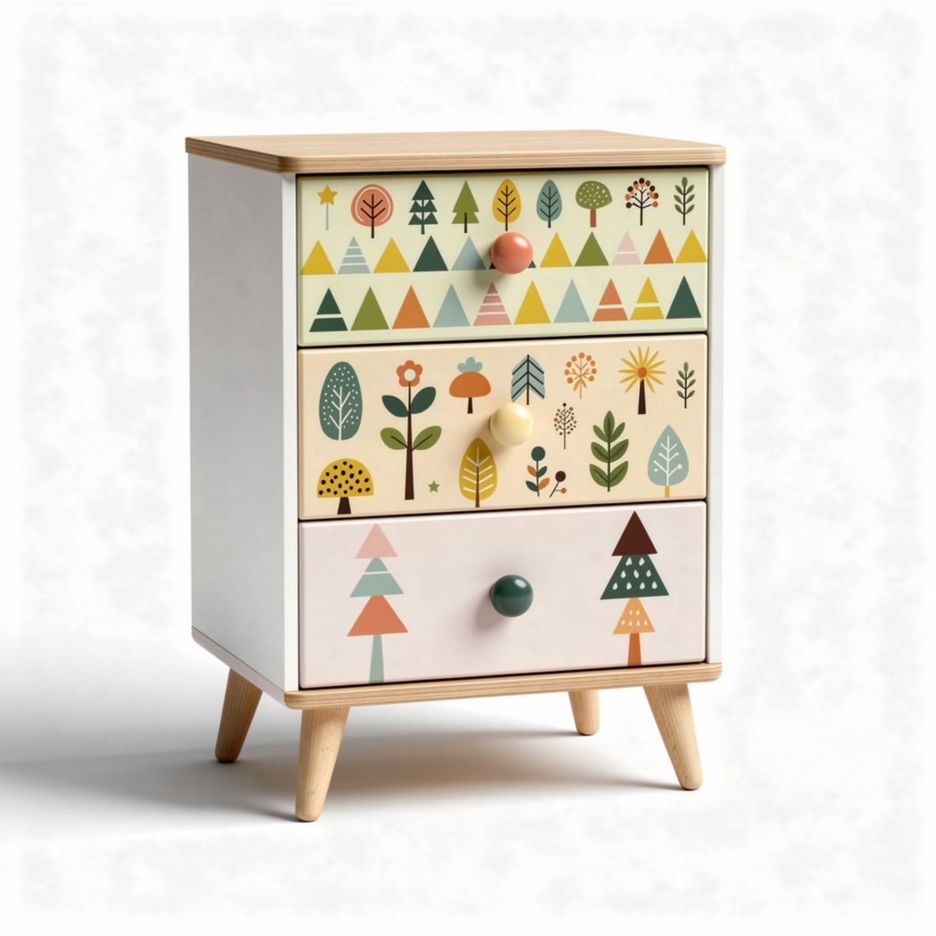 Children's three-drawer storage cabinet with colorful forest patterns 40 x 30 x 70cm