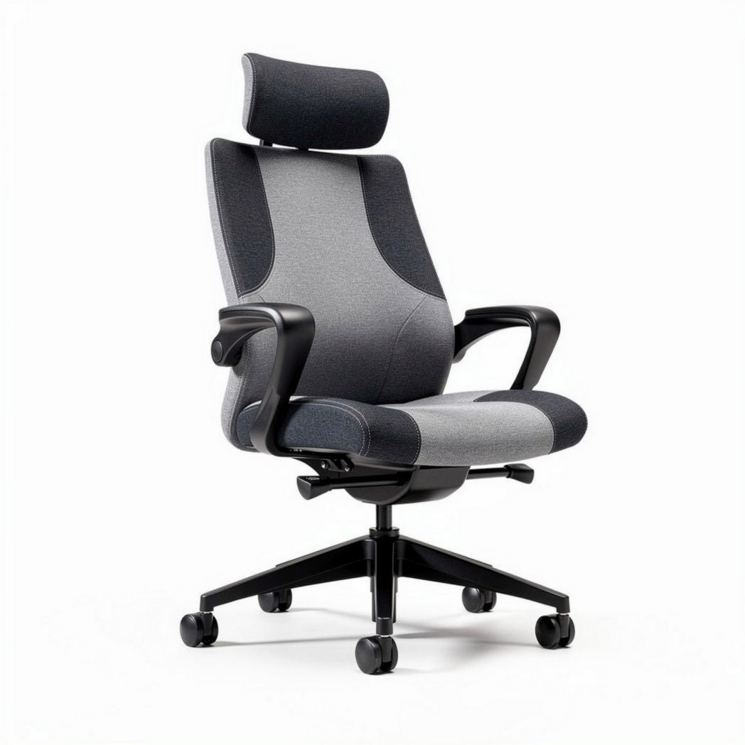 Ergonomic office chair with adjustable headrest and breathable fabric in gray