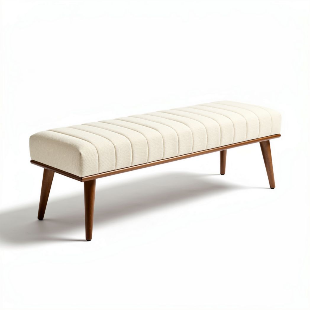 Upholstered bench in cream fabric with wooden legs 120 x 40 x 45cm
